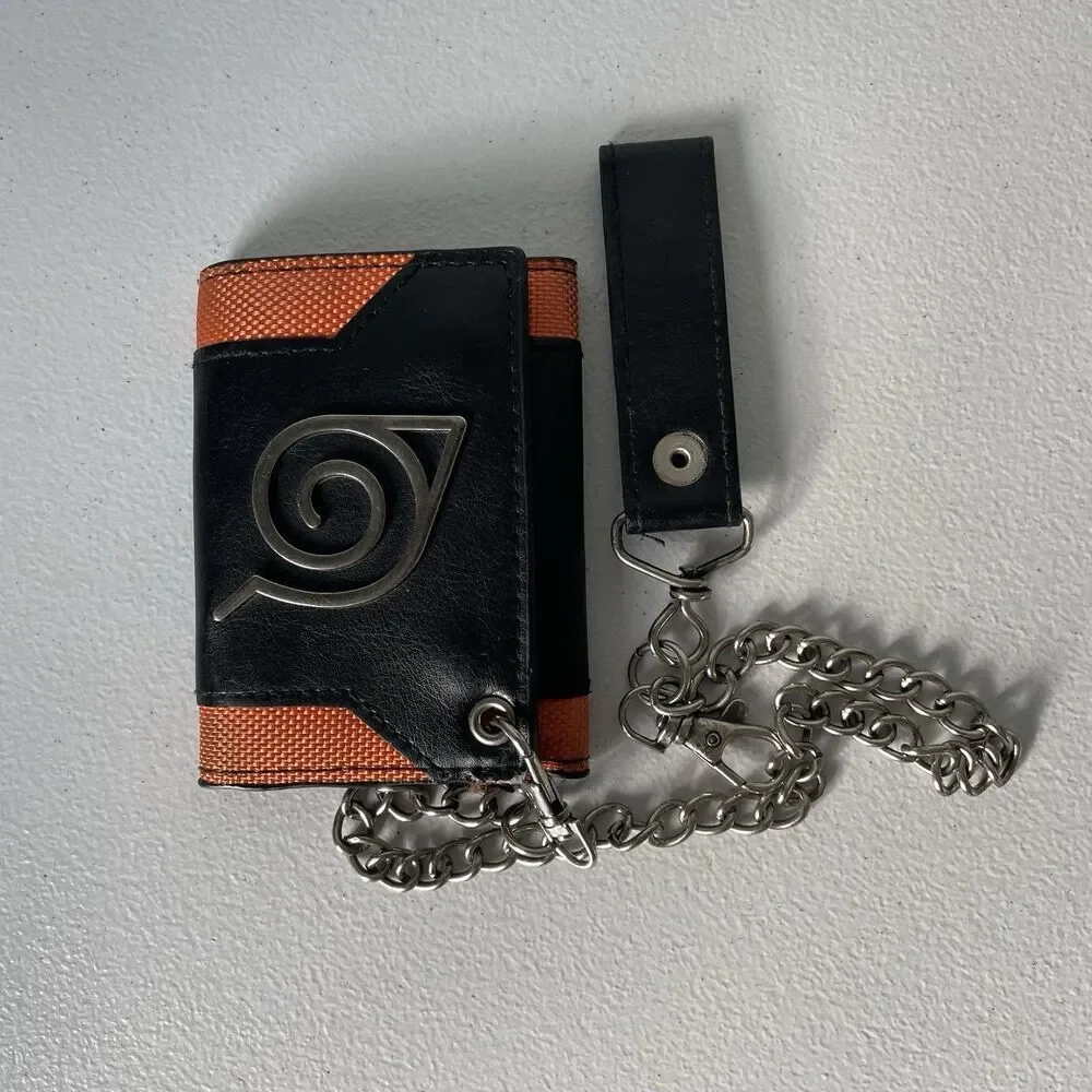 Naruto Logo Chain Wallet Black Orange Tri-Fold Card Slots 15